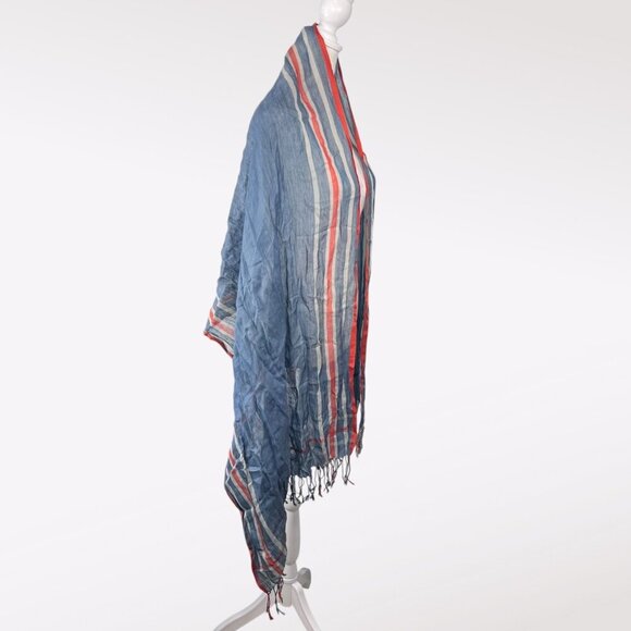 Vintage Blue Orange White Striped Fringe Scarf Rectangle Wrap Shawl - Picture 6 of 8
